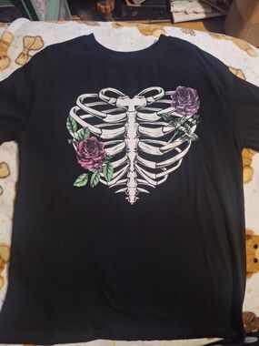 Black Graphic Tee with Rib Cage and Roses